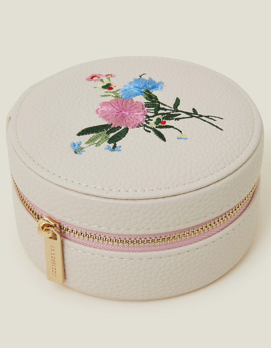 ROUND FLORAL EMBROIDERED JEWELLERY BOX