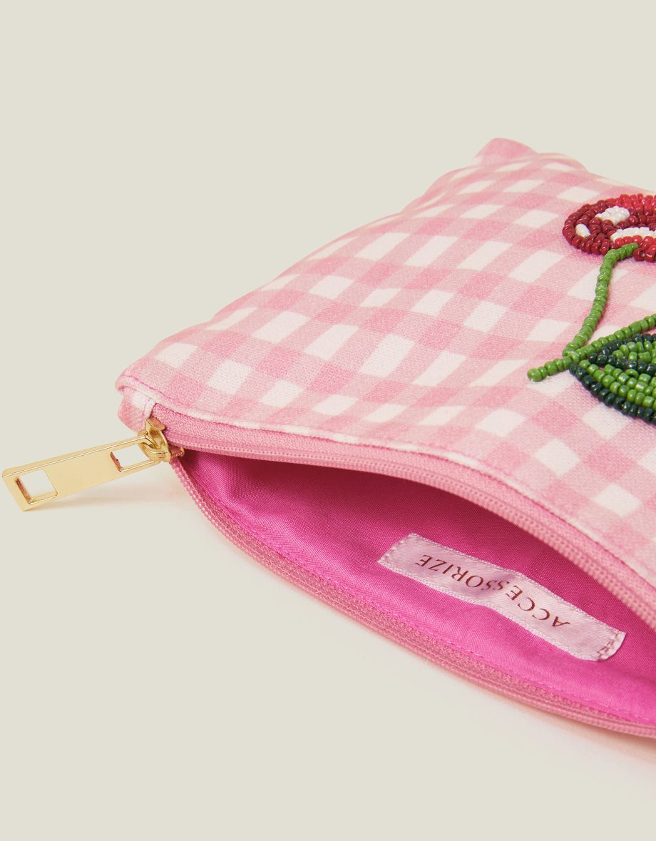 CHERRY BEADED GINGHAM POUCH