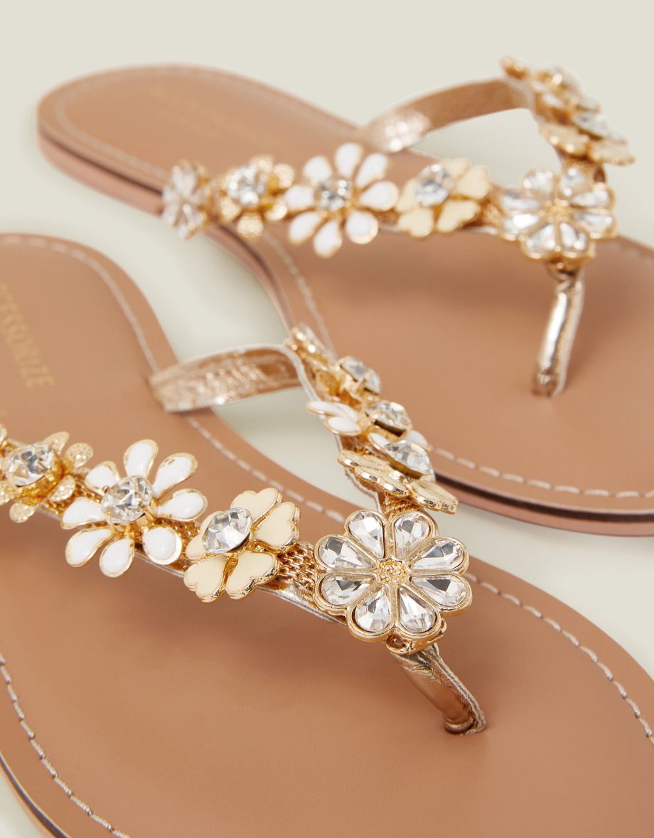 DIAMANTE FLOWER FLIP FLOP SANDALS GOLD