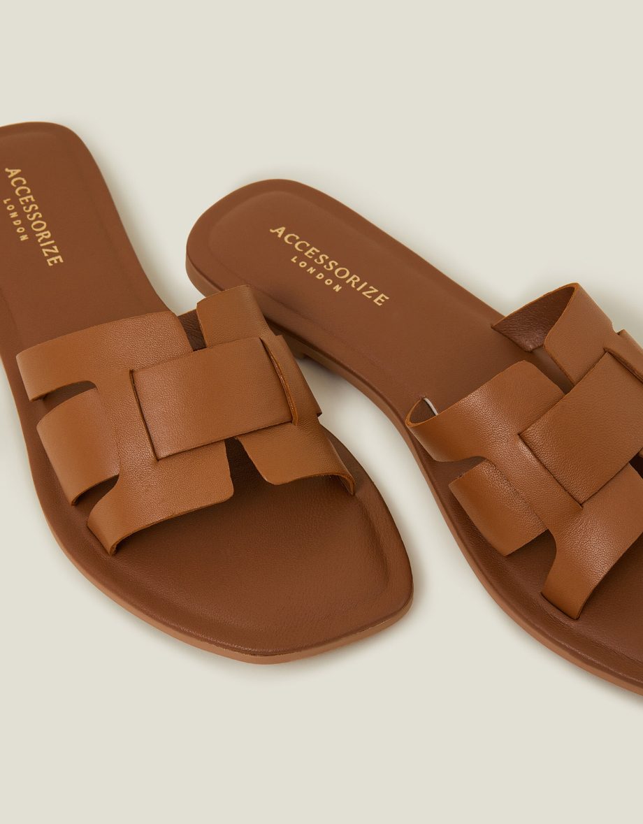 Leather Cut-Out Sliders Tan