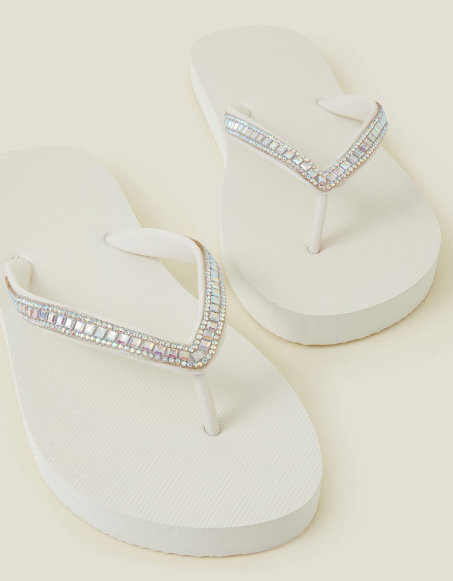 Crystal Embellished Flip Flops Cream