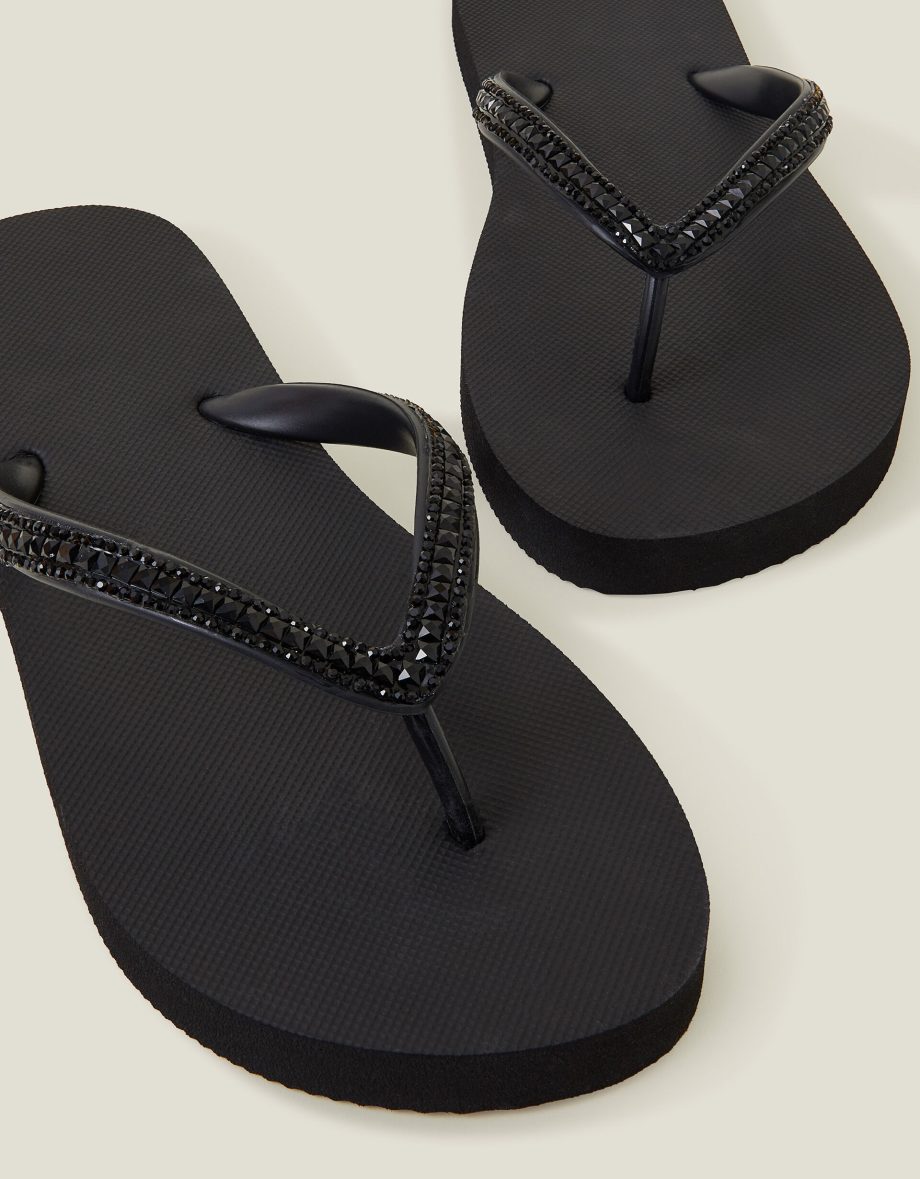 Crystal Embellished Flip Flops Black