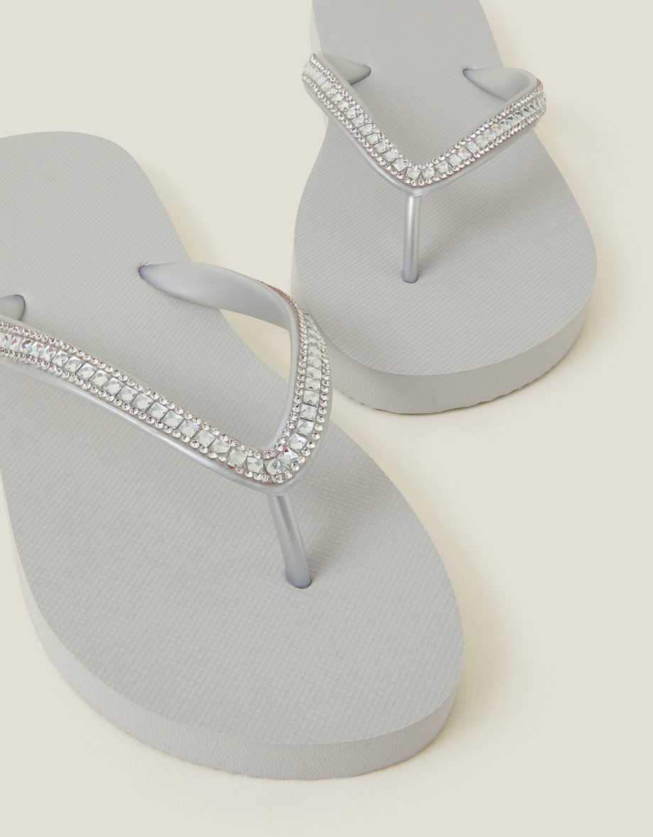 Crystal Embellished Flip Flops Silver