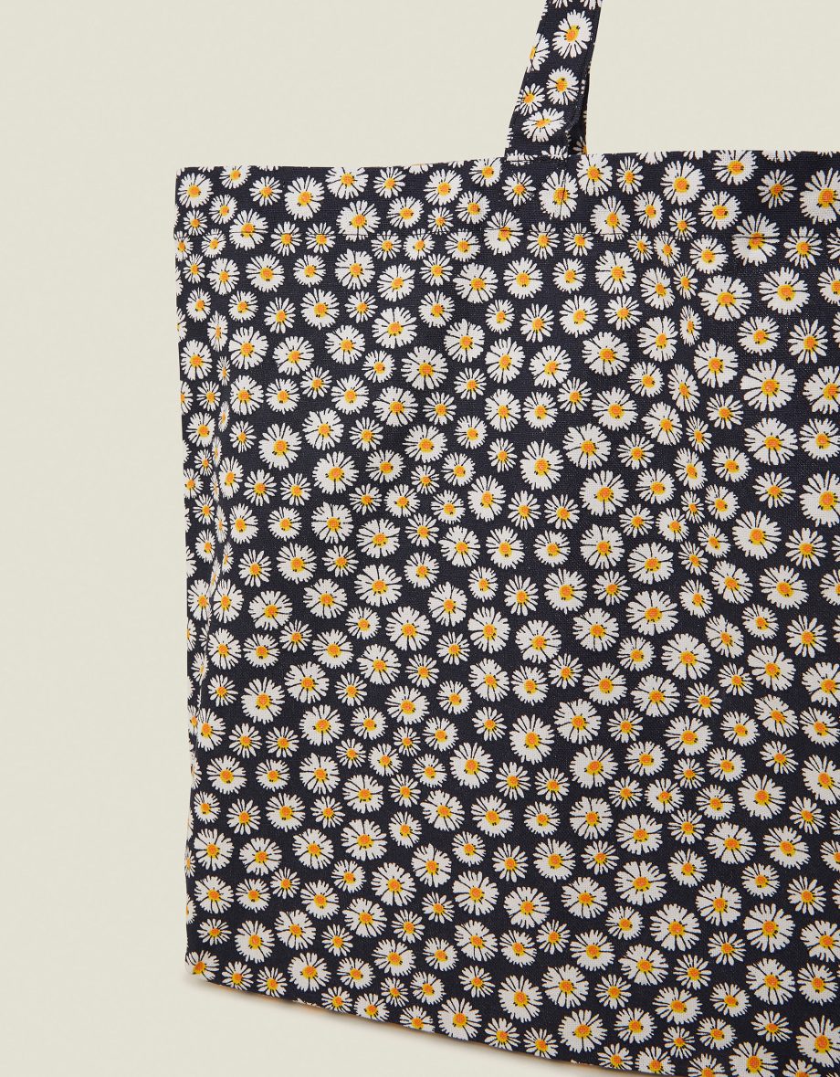 Daisy Print Cotton Shopper Bag Navy