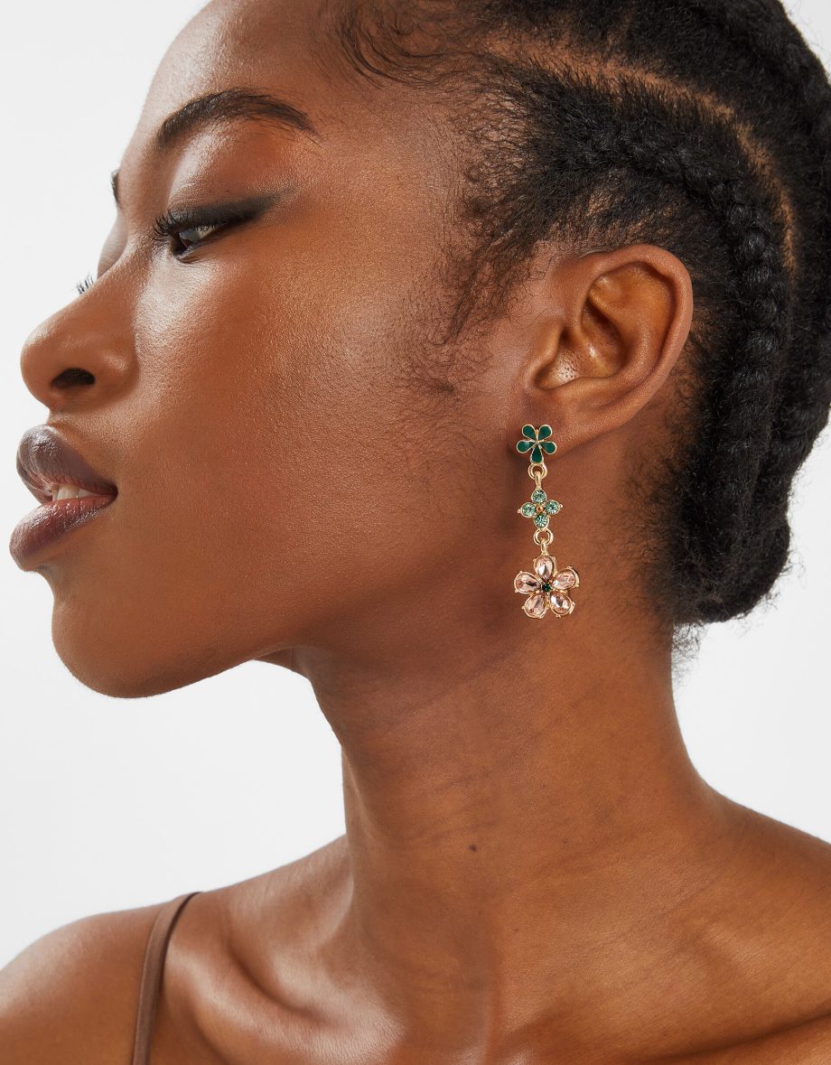 Triple Gem Flower Drop Earrings