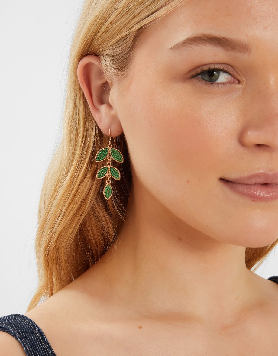 BEADED LEAF DROP EARRINGS GREEN