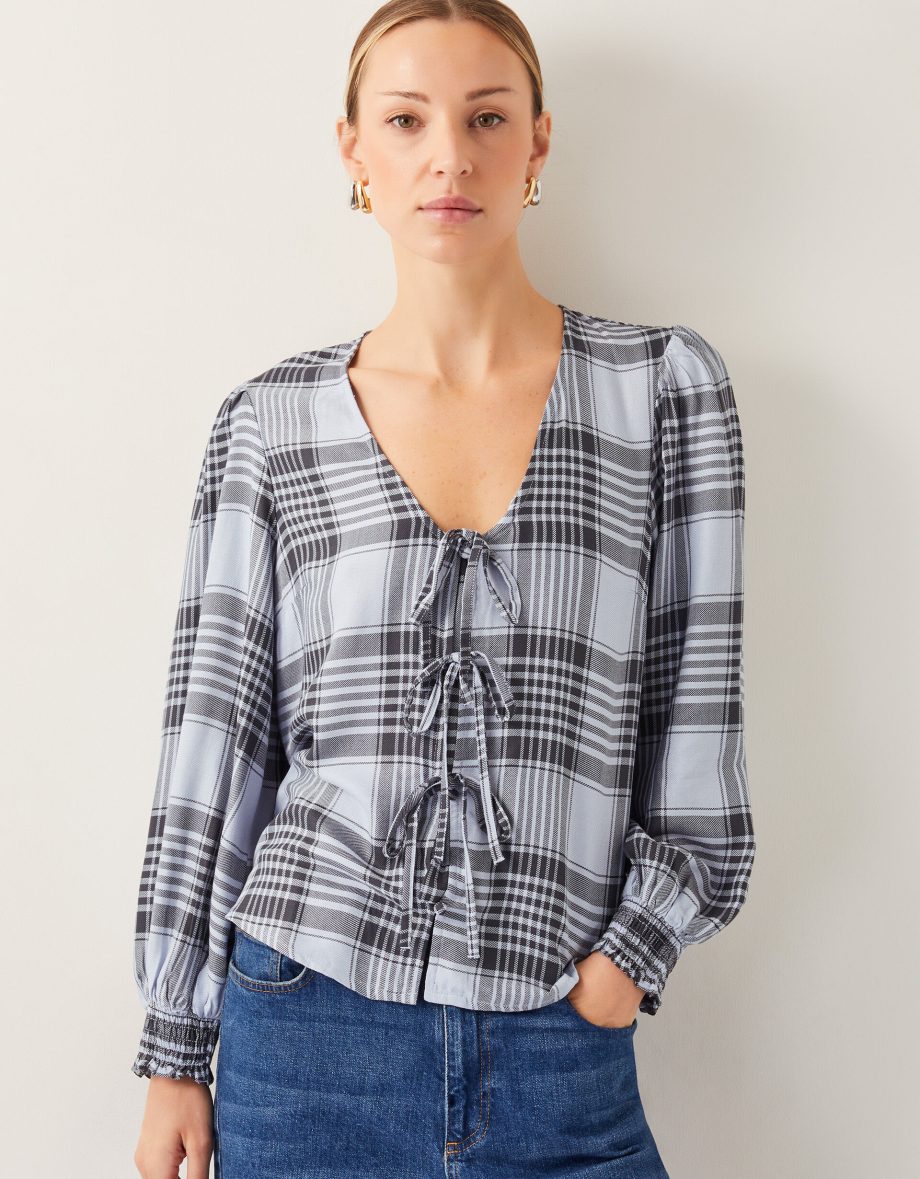 Ava tie-front check blouse blue