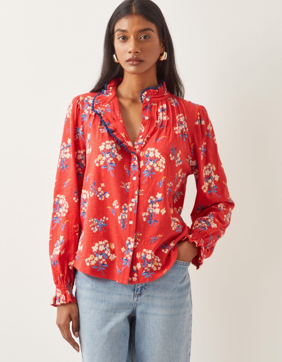 Sarah Frill Floral Print Shirt Red