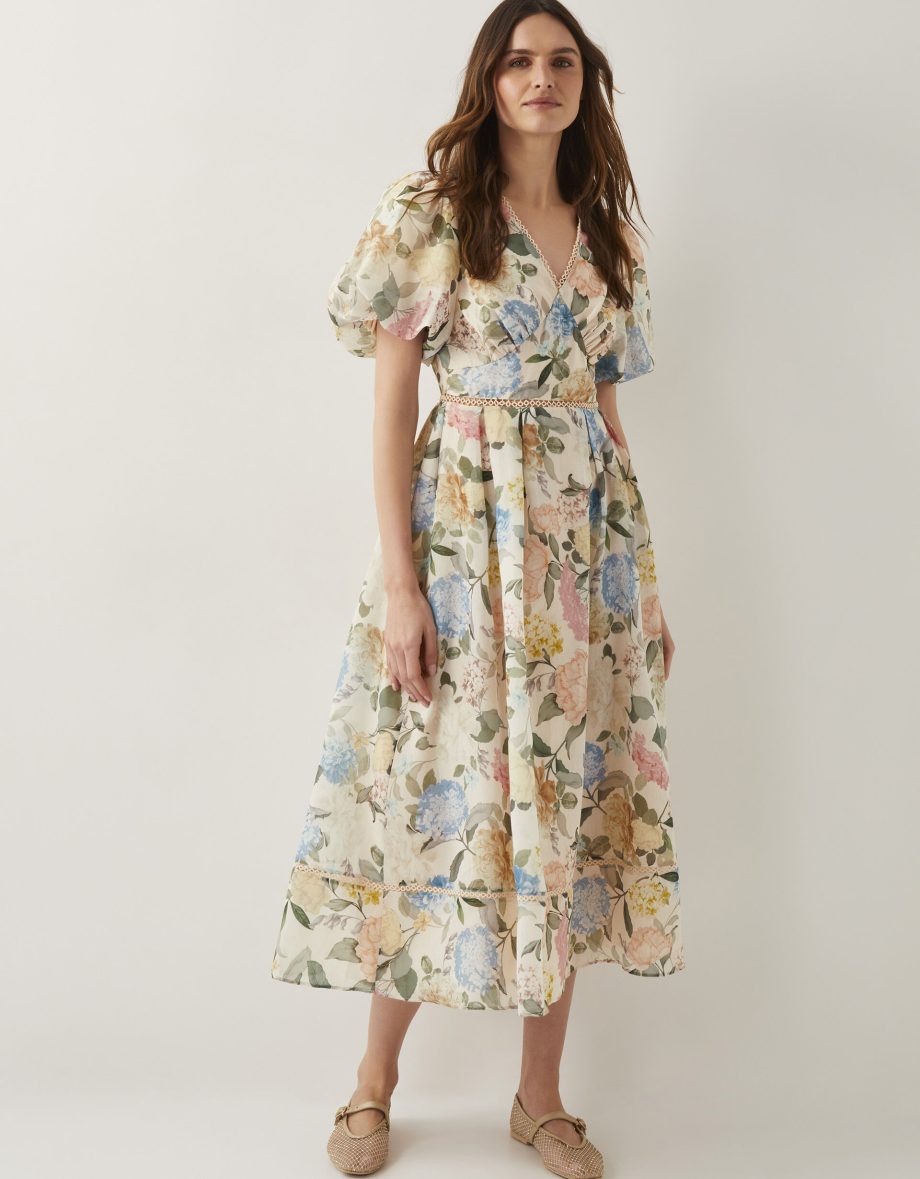 Agnes floral puff sleeve midi dress pink