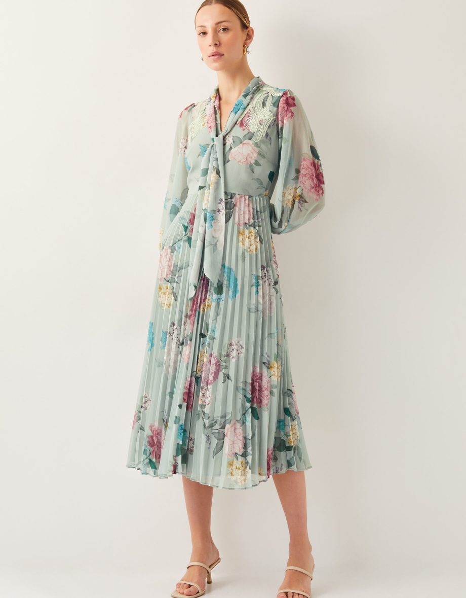 Agnes floral pleated midi dress green