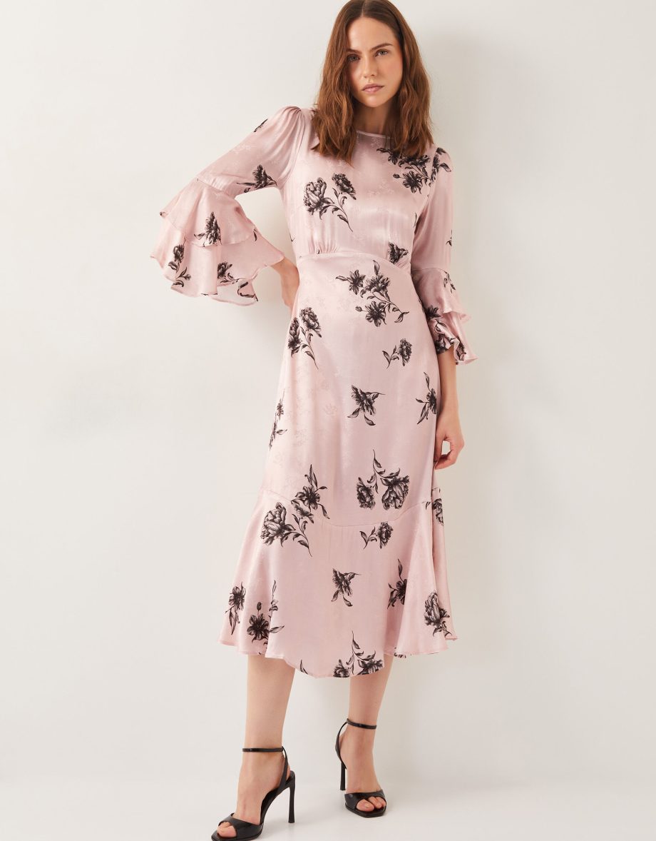 Pelia floral satin ruffle midi dress pink