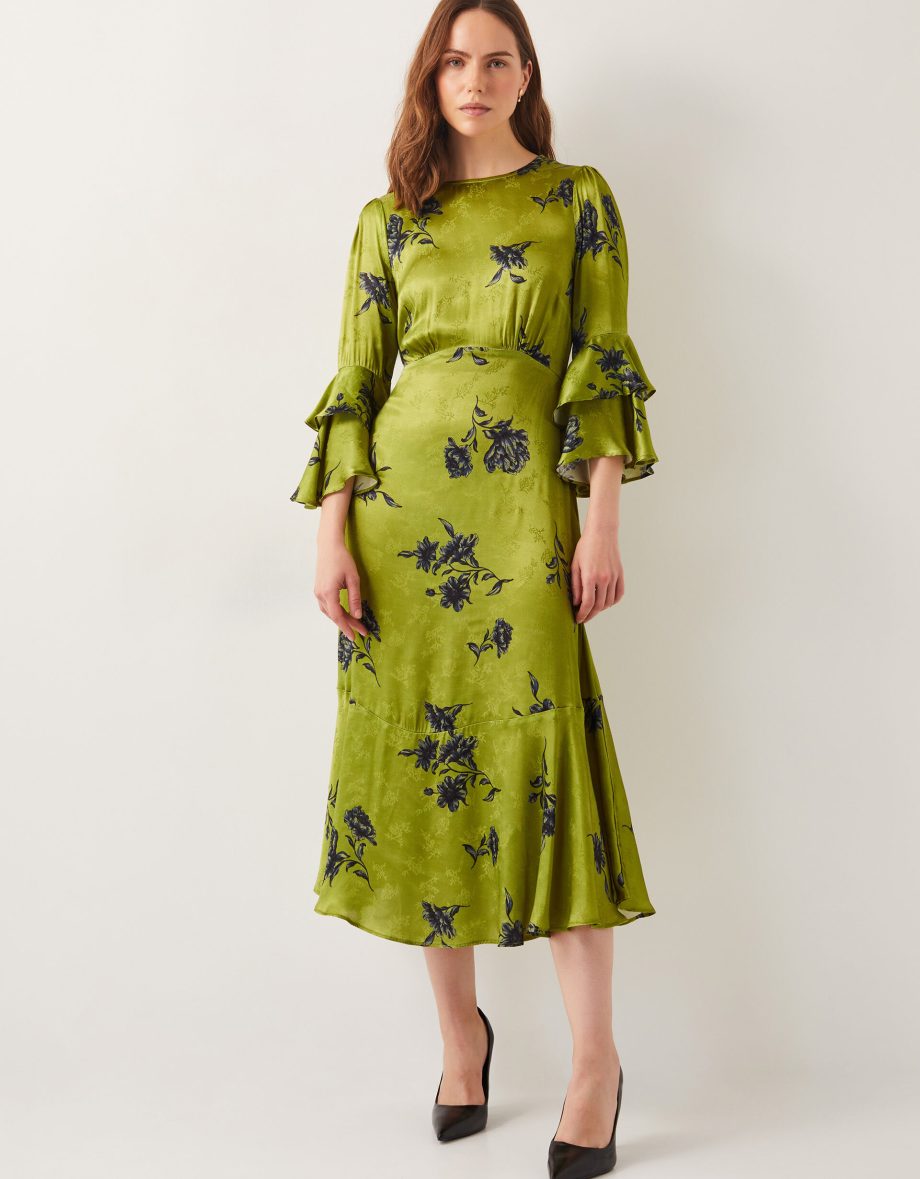 Pelia satin ruffle midi dress green