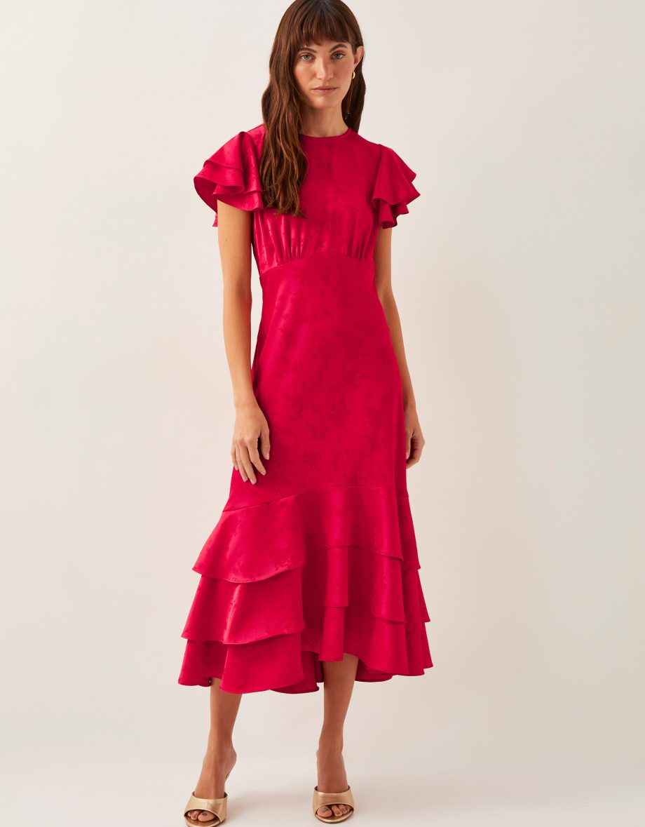 Ester satin ruffle midi dress red