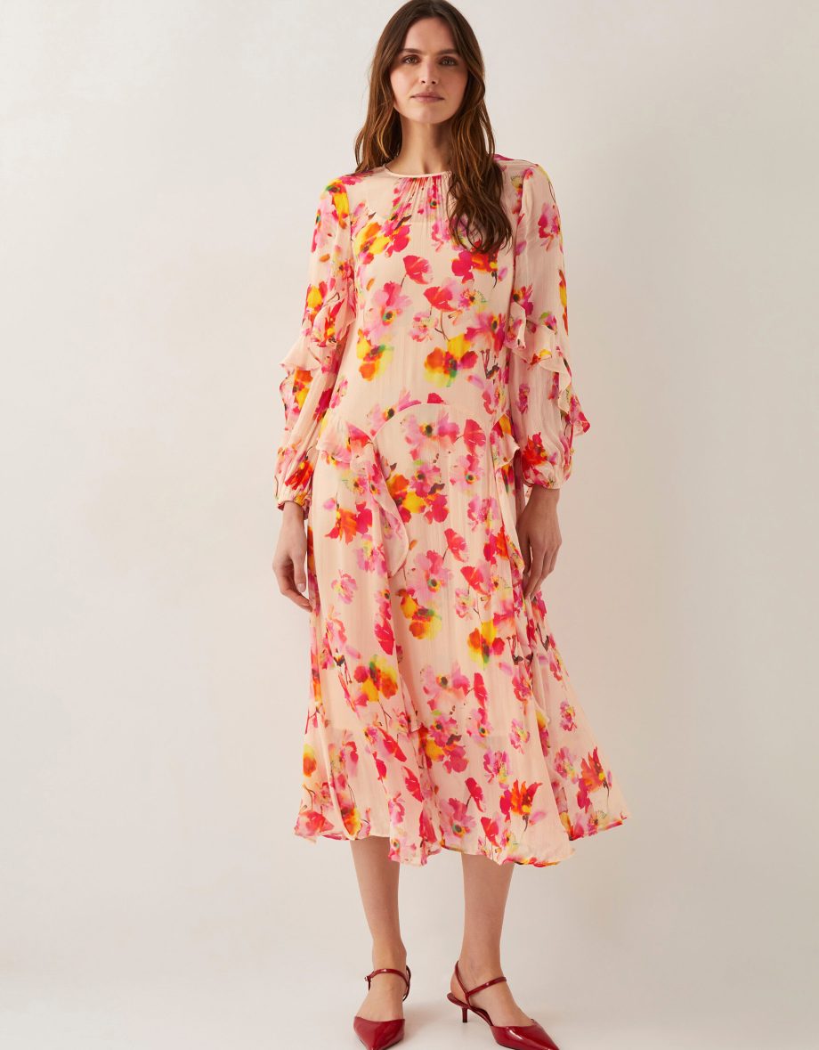 Vanna frill floral print midi dress ivory