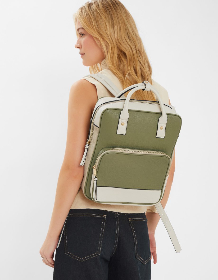 TWO-TONE TOP HANDLE FAUX LEATHER BACKPACK