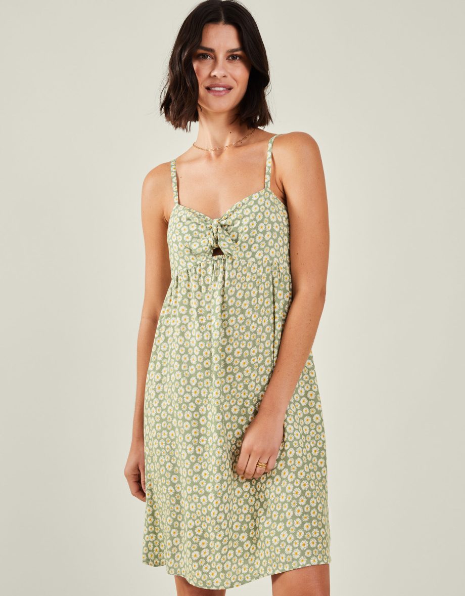 DAISY PRINT TIE-FRONT MINI DRESS GREEN