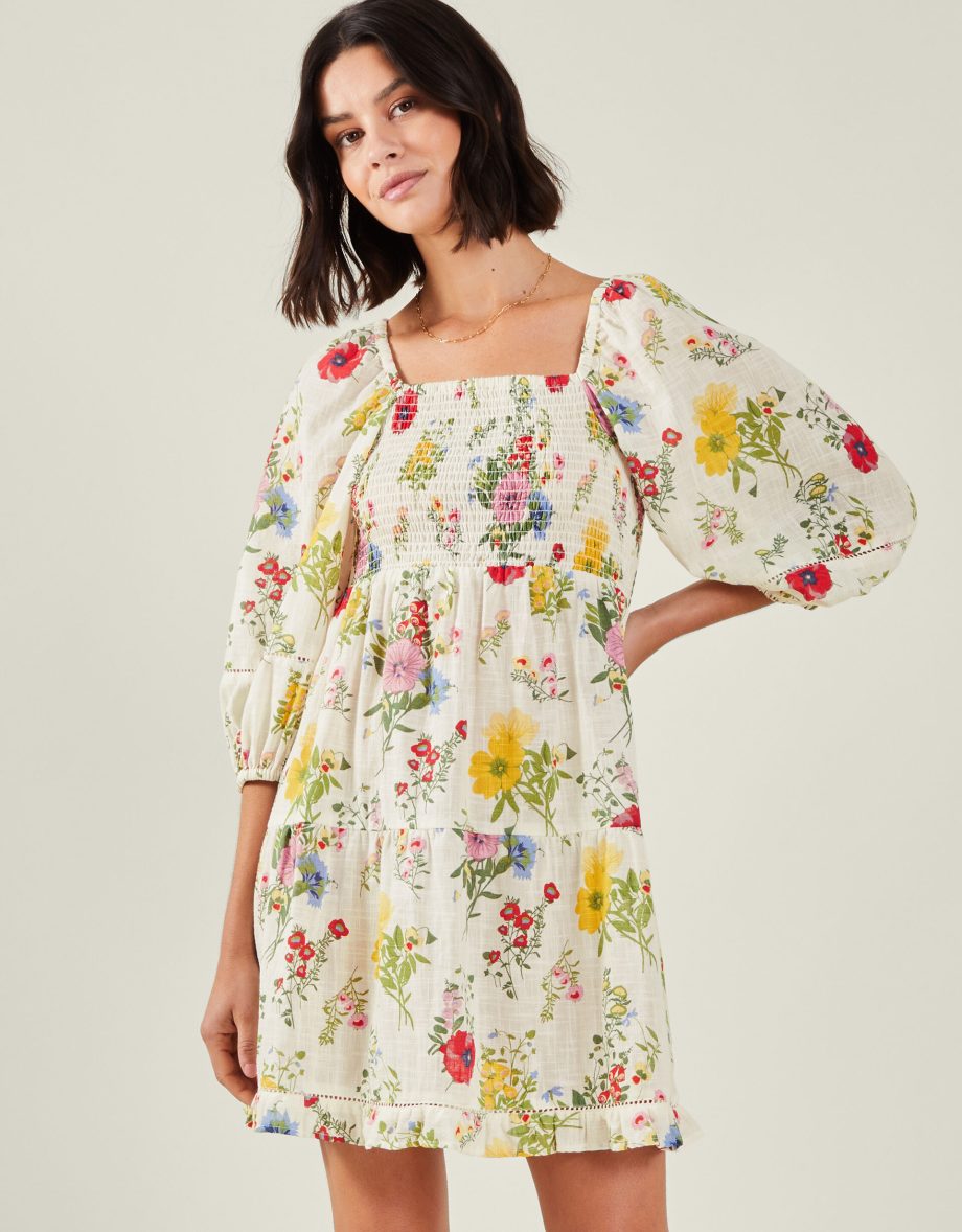 PUFF SLEEVE FLORAL SMOCKED MINI DRESS IVORY