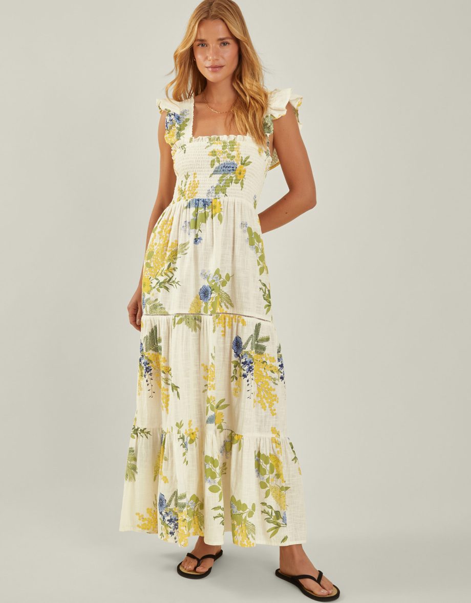 Floral Frill Strap Smocked Maxi Dress Ivory