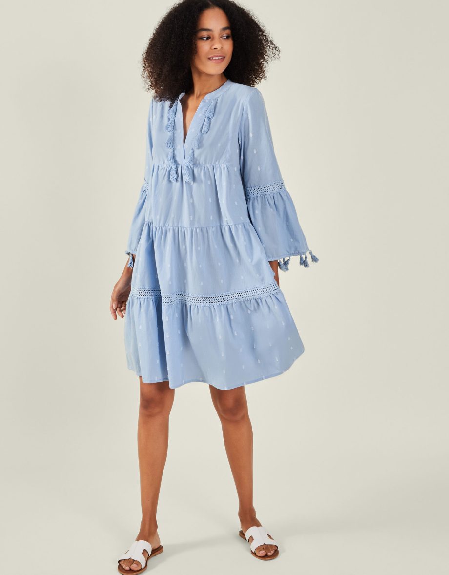 FLUTE SLEEVE TASSEL TIERED MINI DRESS BLUE