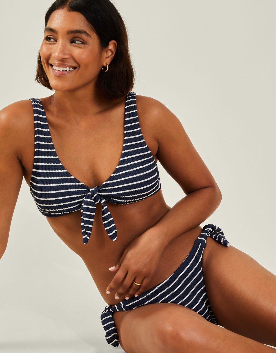 STRIPE CRINKLE TIE BIKINI TOP BLUE