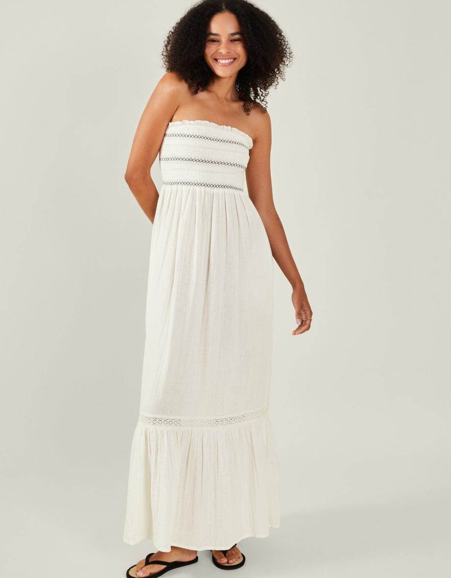 SHIRRED BANDEAU MIDI DRESS IVORY