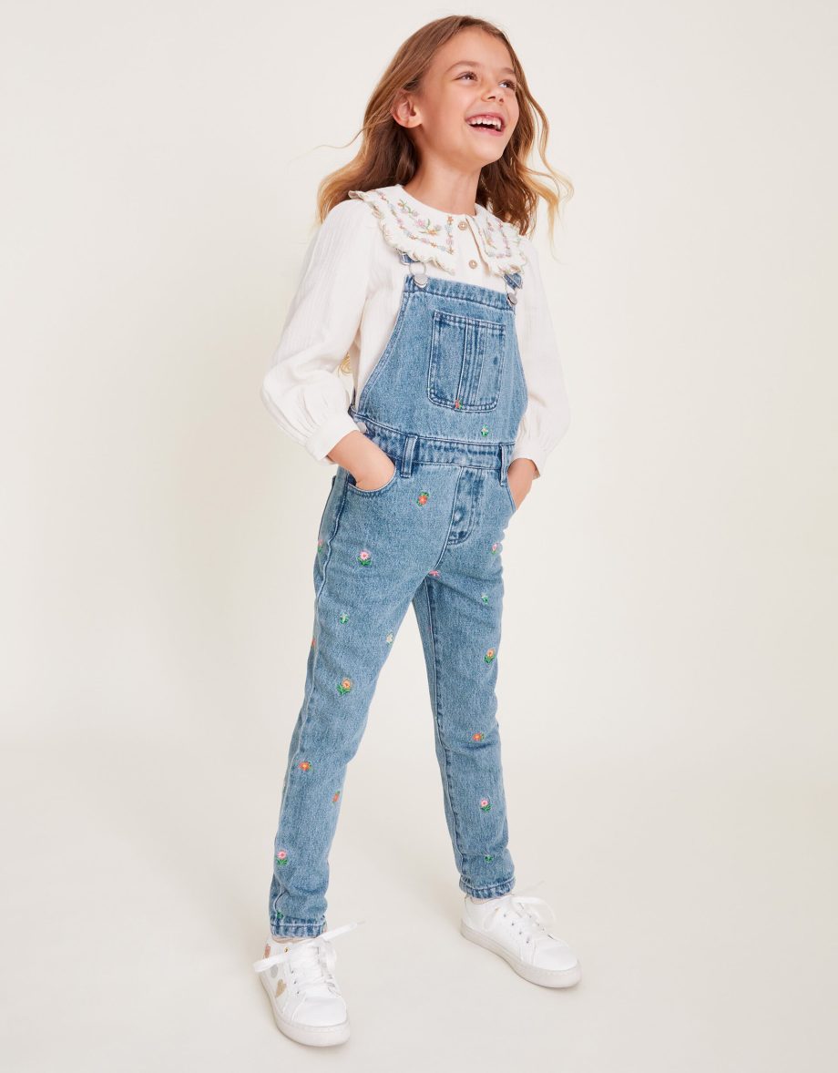 Floral embroidered denim dungarees blue