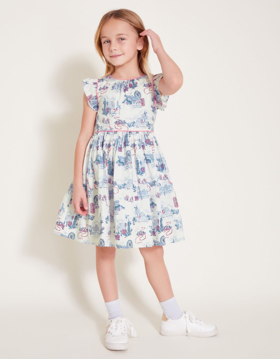 London print frilly cotton dress white