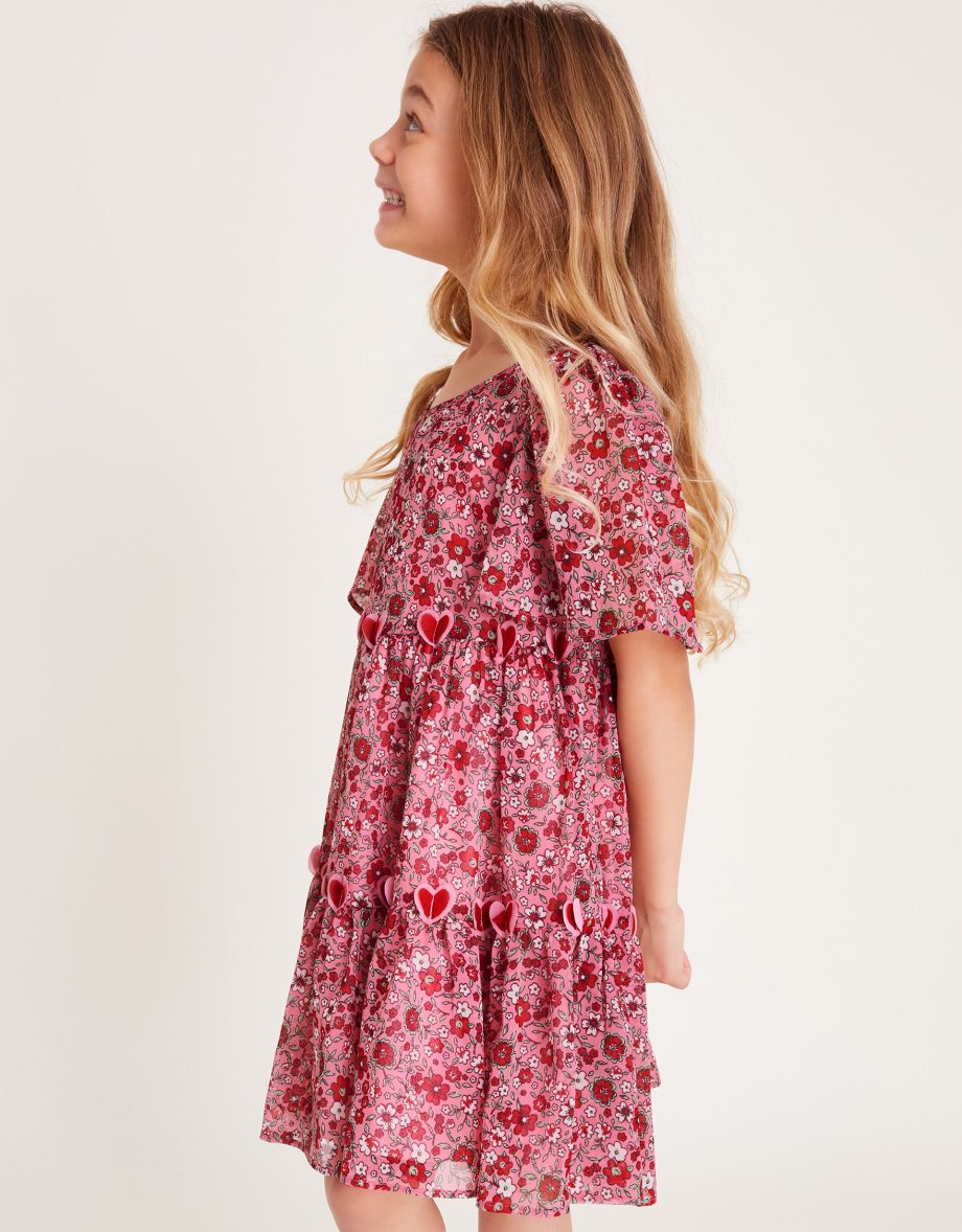 3d hearts floral short sleeve dress red