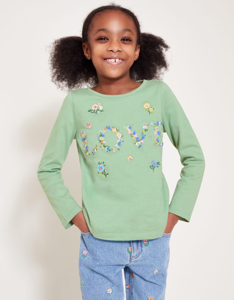 Floral love embroidered long sleeve top green