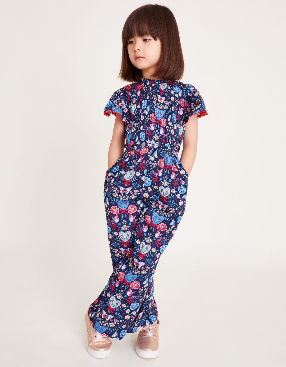 Floral butterfly short sleeve jumpsuit blue