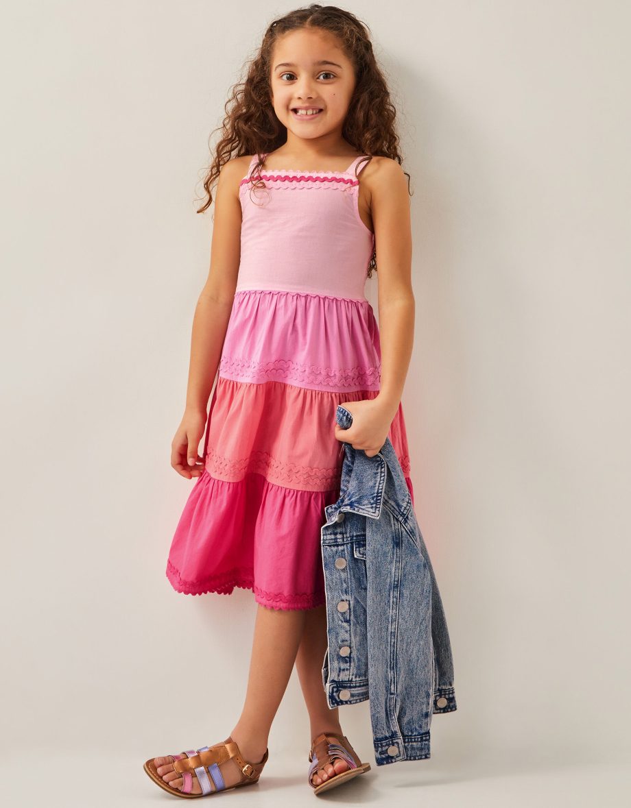 Ric rac colour block tiered dress pink