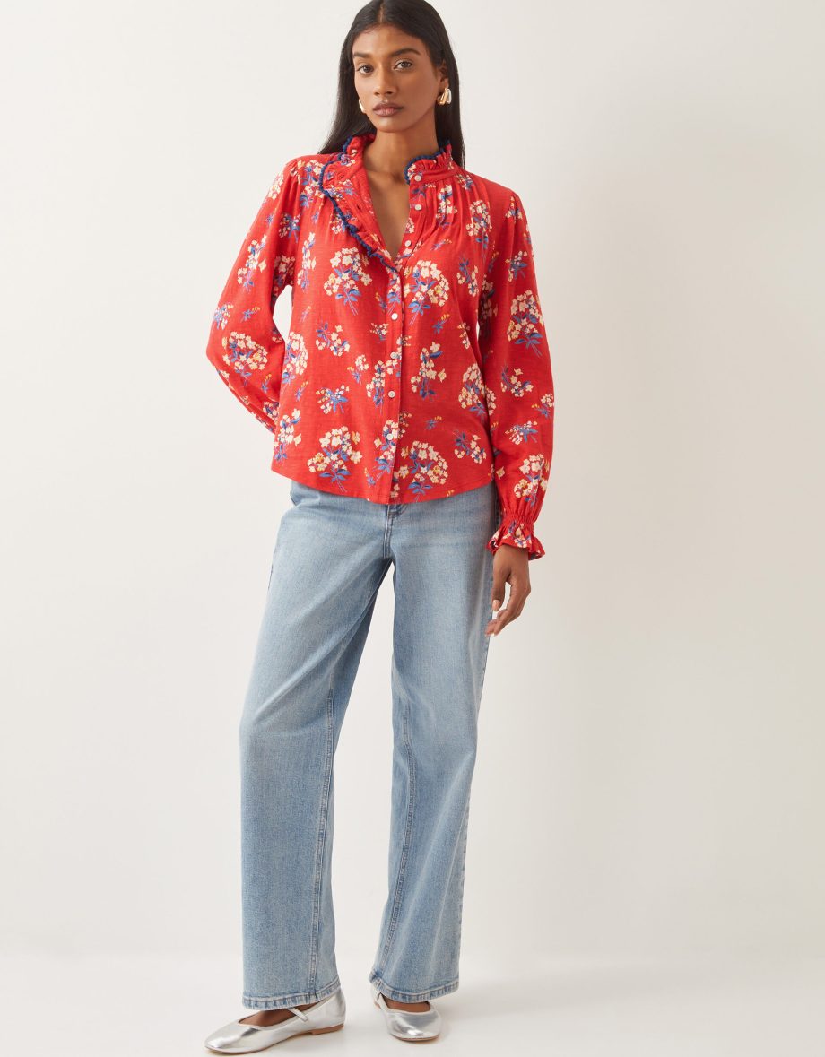 Sarah Frill Floral Print Shirt Red