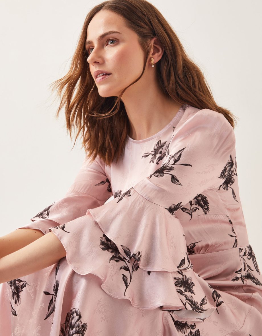 Pelia floral satin ruffle midi dress pink