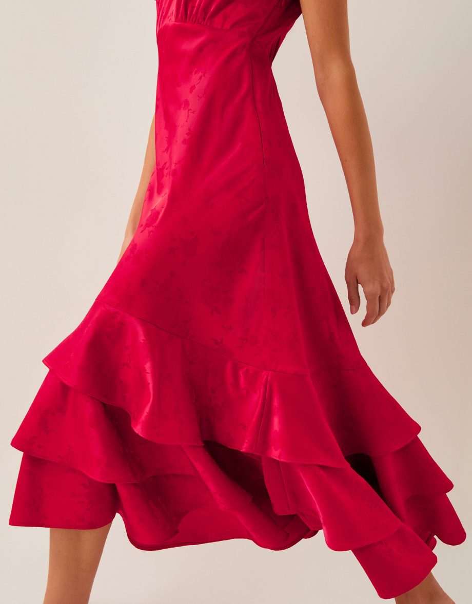 Ester satin ruffle midi dress red