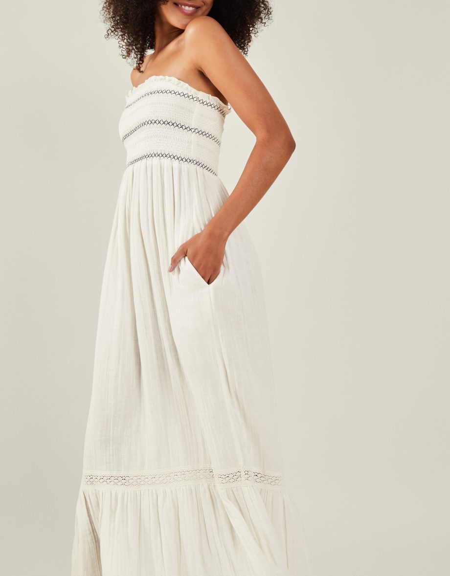 SHIRRED BANDEAU MIDI DRESS IVORY