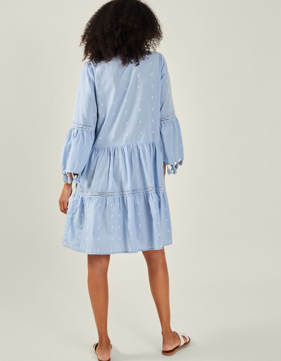 FLUTE SLEEVE TASSEL TIERED MINI DRESS BLUE