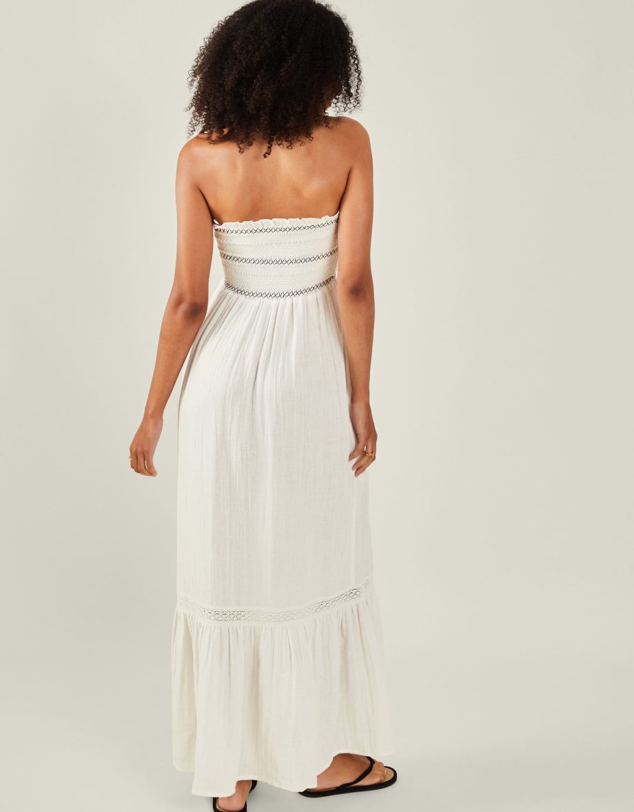 SHIRRED BANDEAU MIDI DRESS IVORY