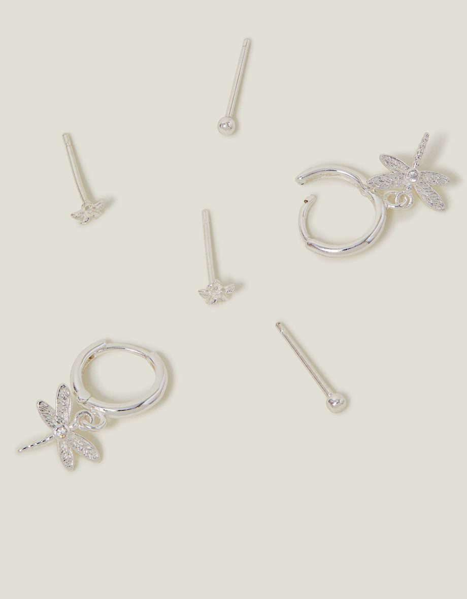 3-PACK STERLING SILVER-PLATED DRAGONFLY STUD AND HOOP EARRINGS