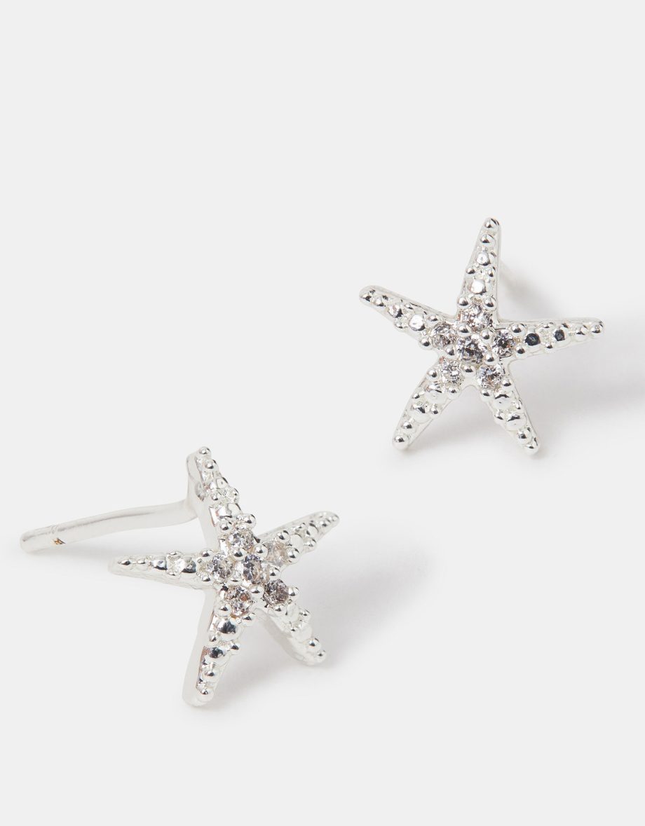 STERLING SILVER-PLATED SPARKLE STARFISH STUD EARRINGS
