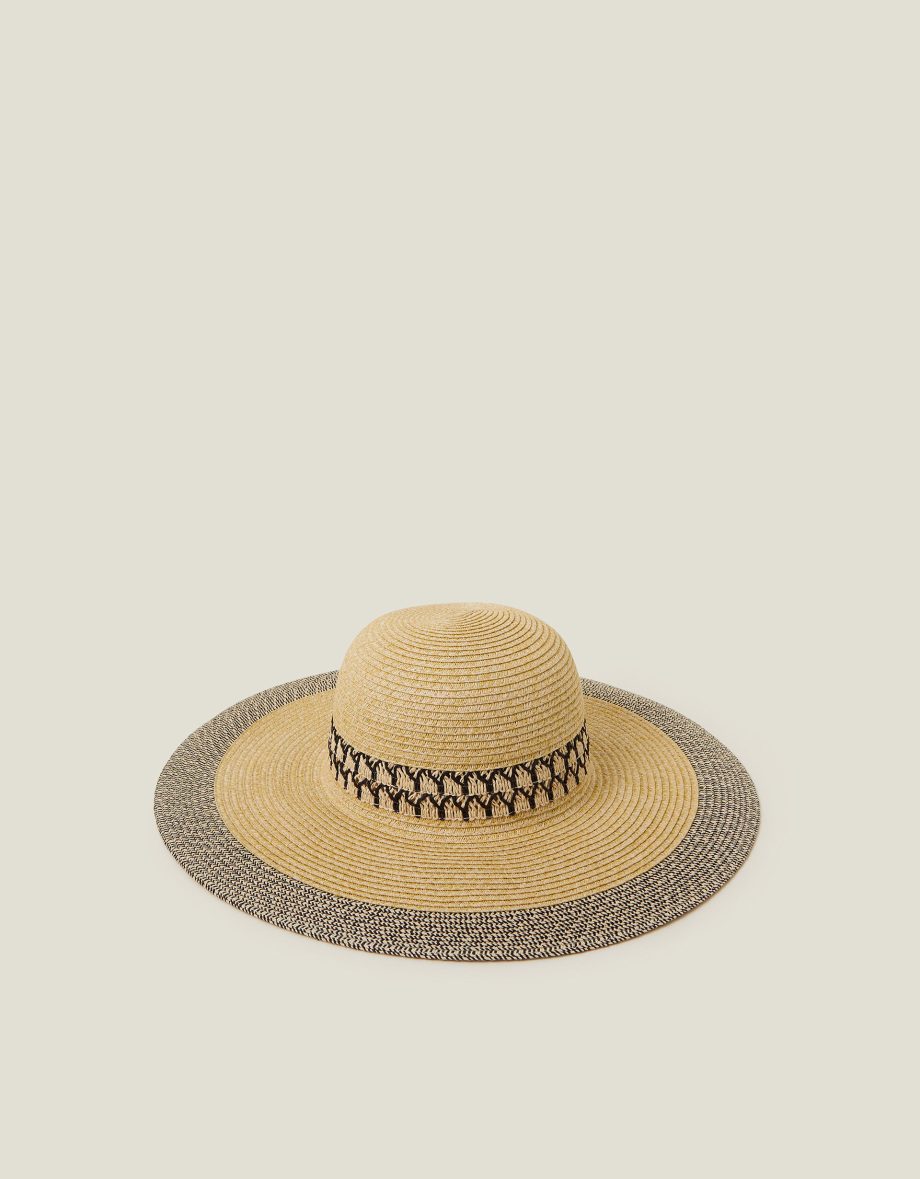 PATTERNED TRIM FLOPPY STRAW SUN HAT