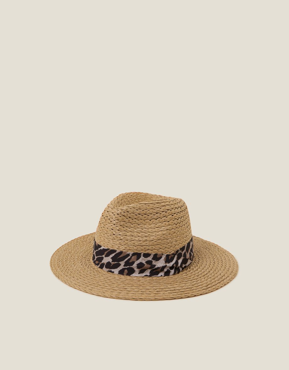 Leopard Trim Straw Fedora Hat Natural