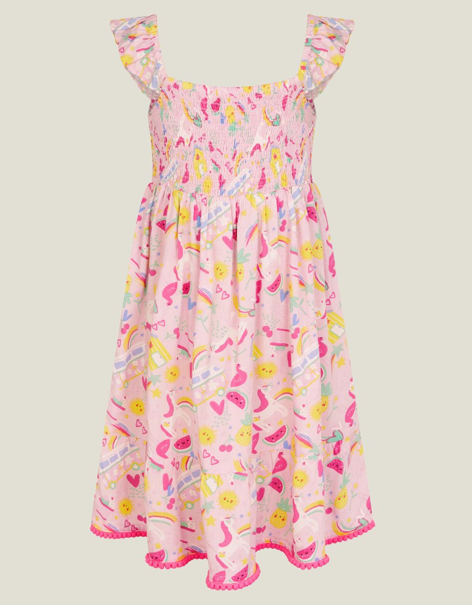 GIRLS SUNBEAM PRINT SHIRRED DRESS PINK