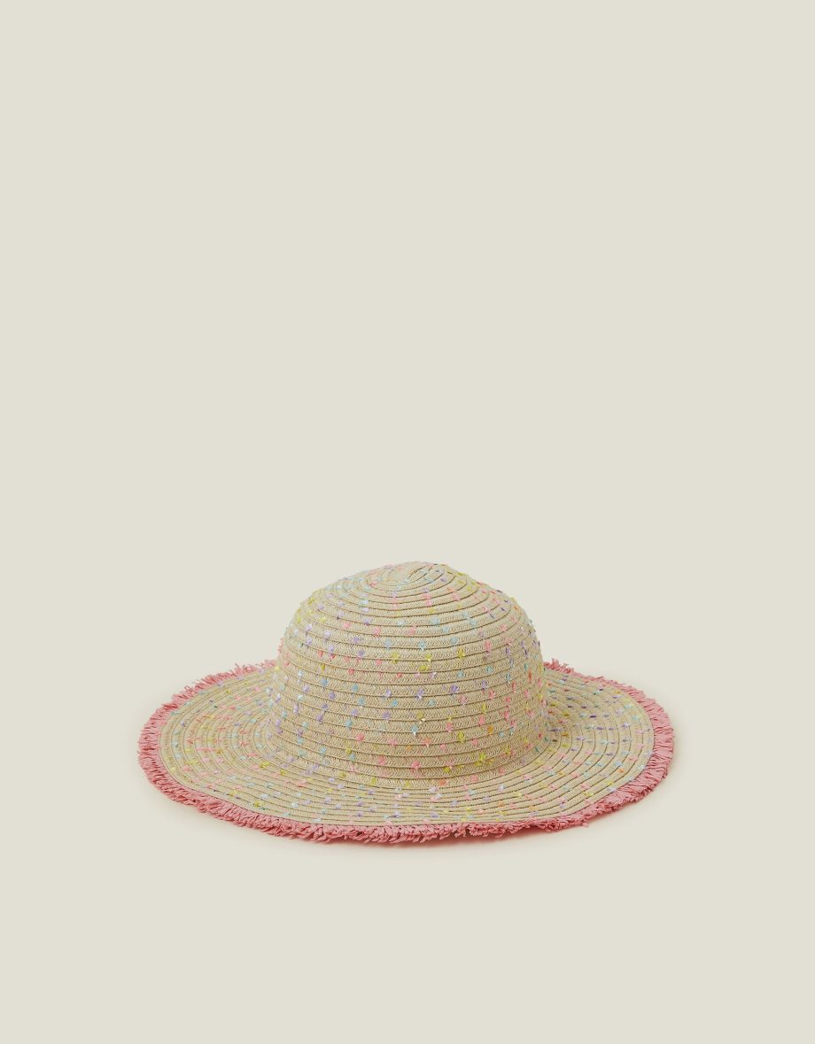 GIRLS FRINGE FLOPPY STRAW SUN HAT MULTI