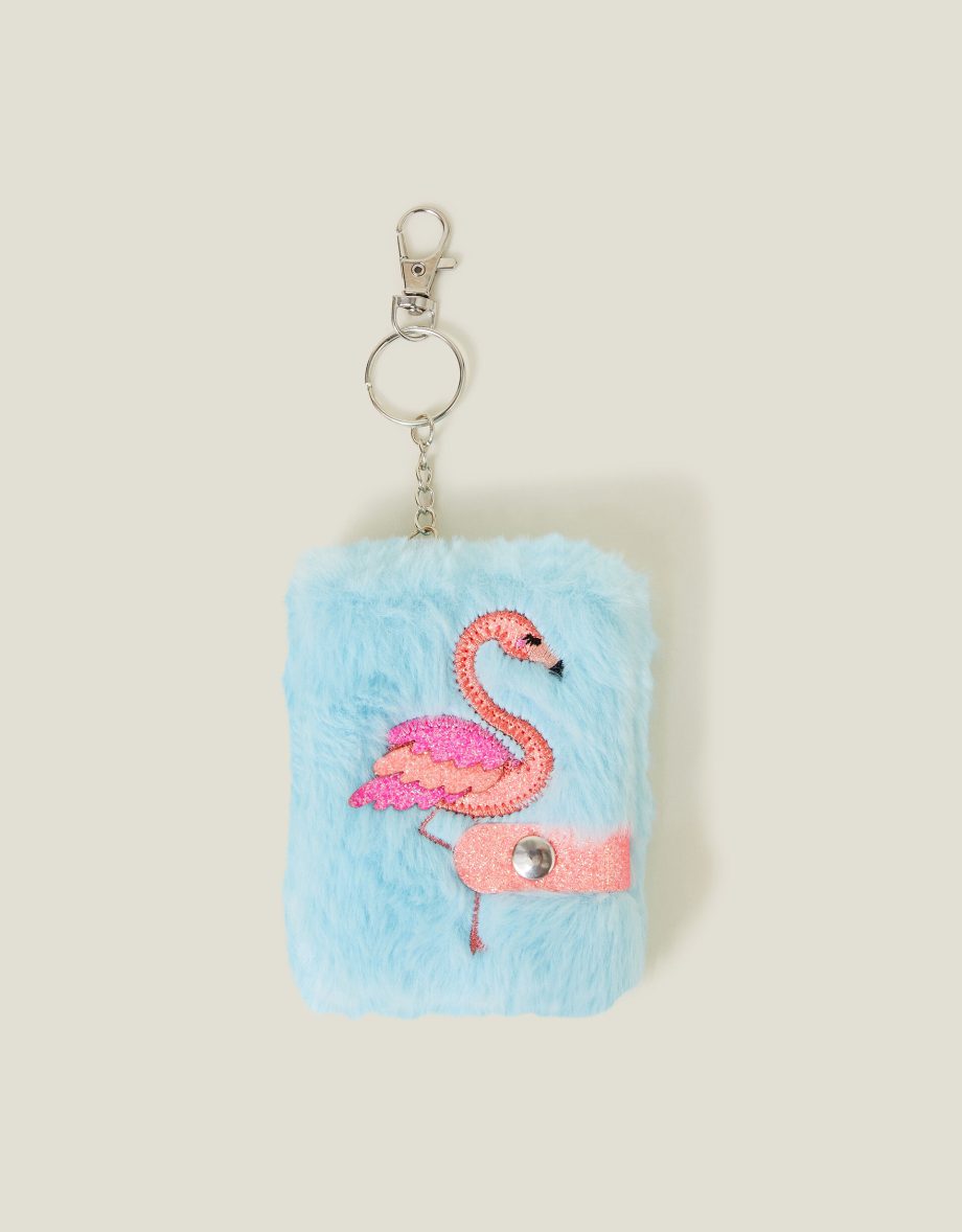 GIRLS FAUX FUR FLAMINGO NOTEBOOK KEYRING