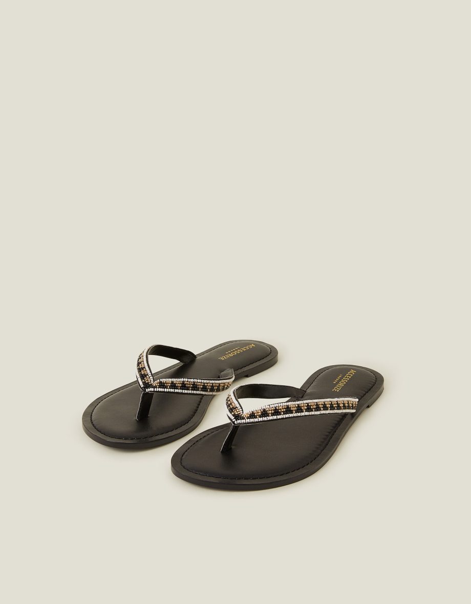 BEADED FAUX LEATHER FLIP FLOPS BLACK