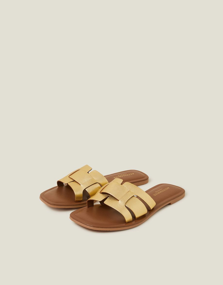 METALLIC LEATHER CUT-OUT SLIDE SANDALS GOLD