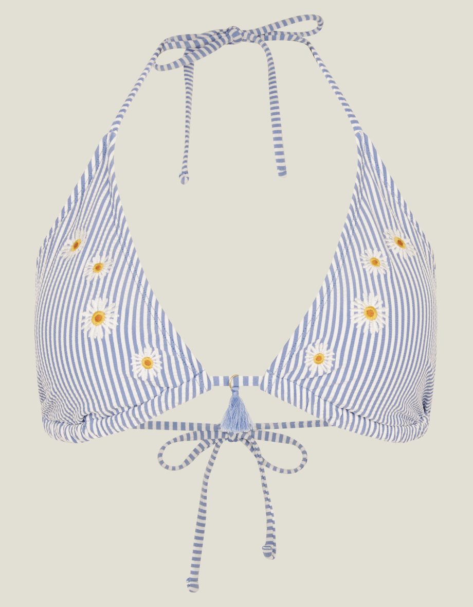 Daisy Embroidered Stripe Bikini Top Blue