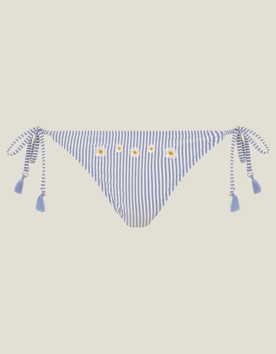 Embroidered Daisy Stripe Tie Side Bikini Bottoms Blue