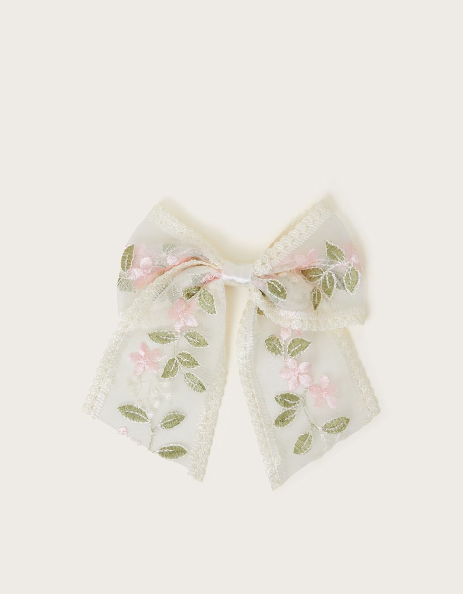 Floral embroidered bow hair clip