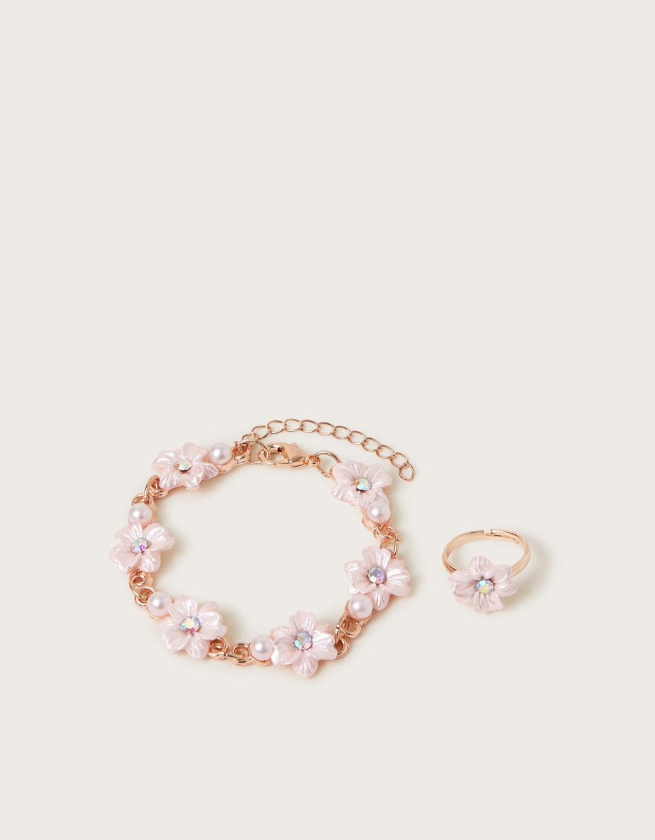 Pearl flower girl bracelet and ring set